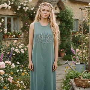 VTG Amanda Smith Green Embroidered Wildflower Maxi Dress Size L Cottagecore